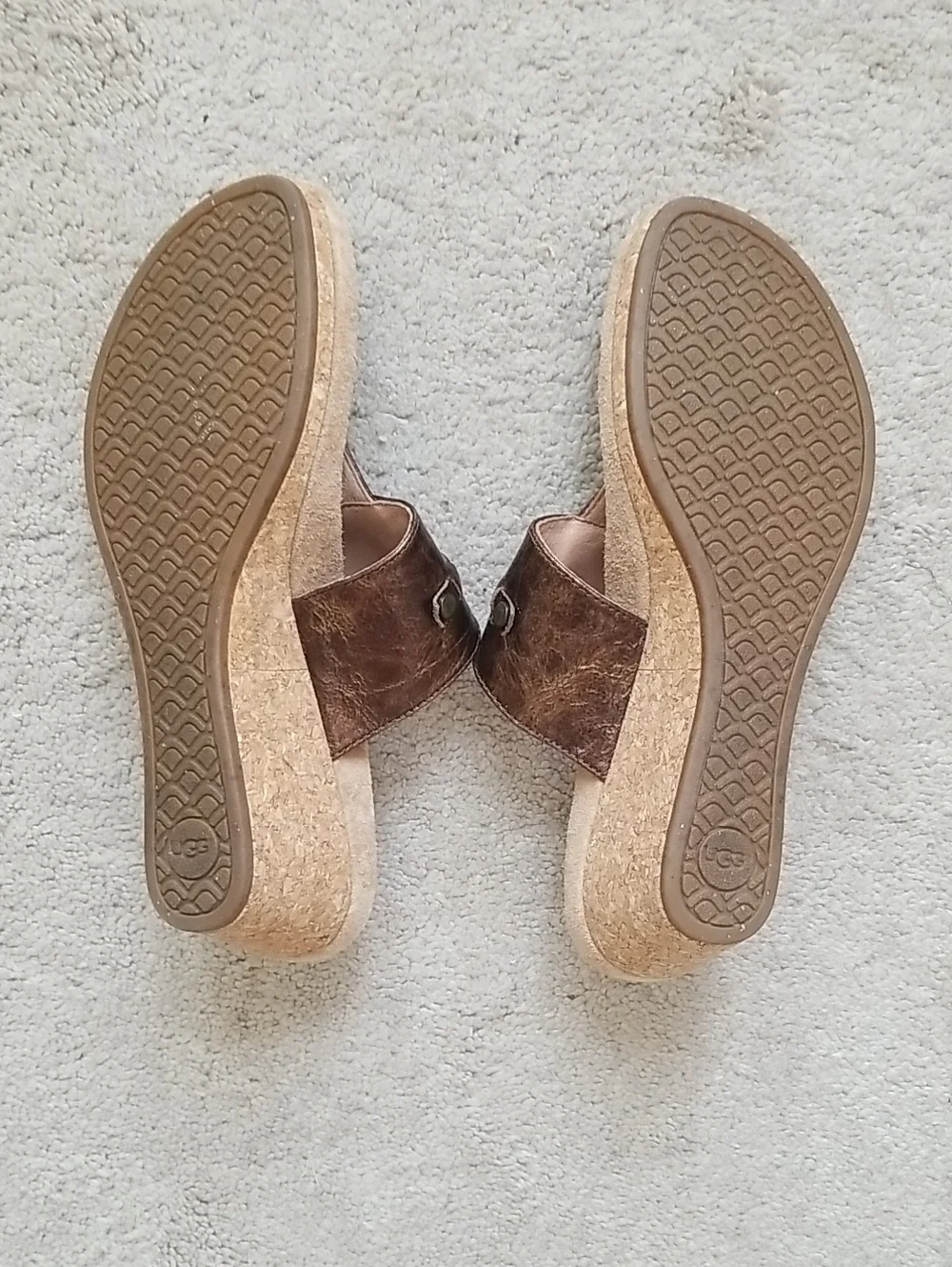 UGG Briella Bronze Leather Cork Wedge Thong Sandals